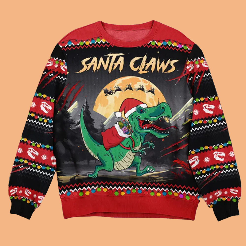 Santa Claws T-Rex Dinosaur Ugly Sweater Christmas 2025