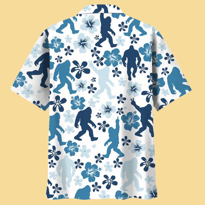 Funny Bigfoot Hibiscus Blue Hawaiian Shirt - Cabryon