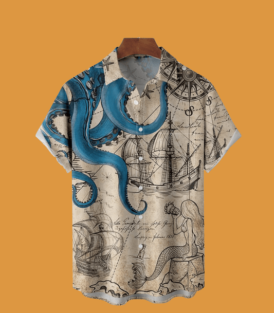 2025 Wicking Hawaiian Octopus Map Chest Pocket Casual Shirt - Cabryon