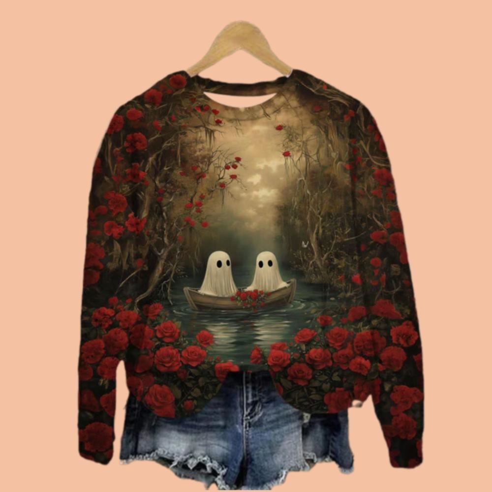 Cute Ghost Print Crew Neck Sweatshirt Halloween 2025