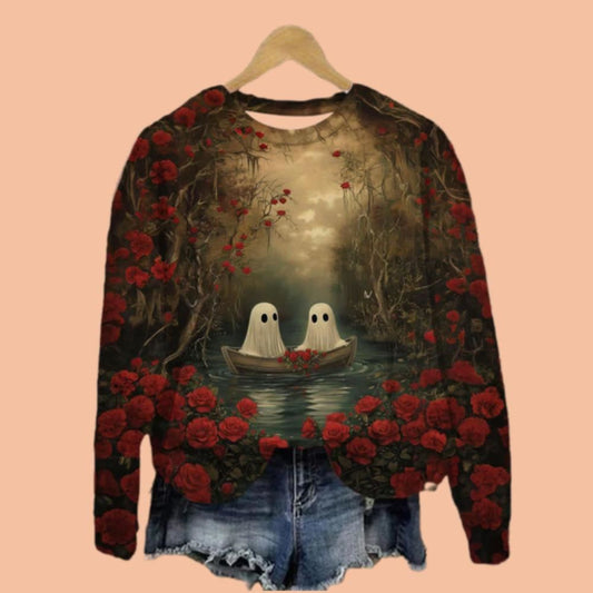 Cute Ghost Print Crew Neck Sweatshirt Halloween 2025