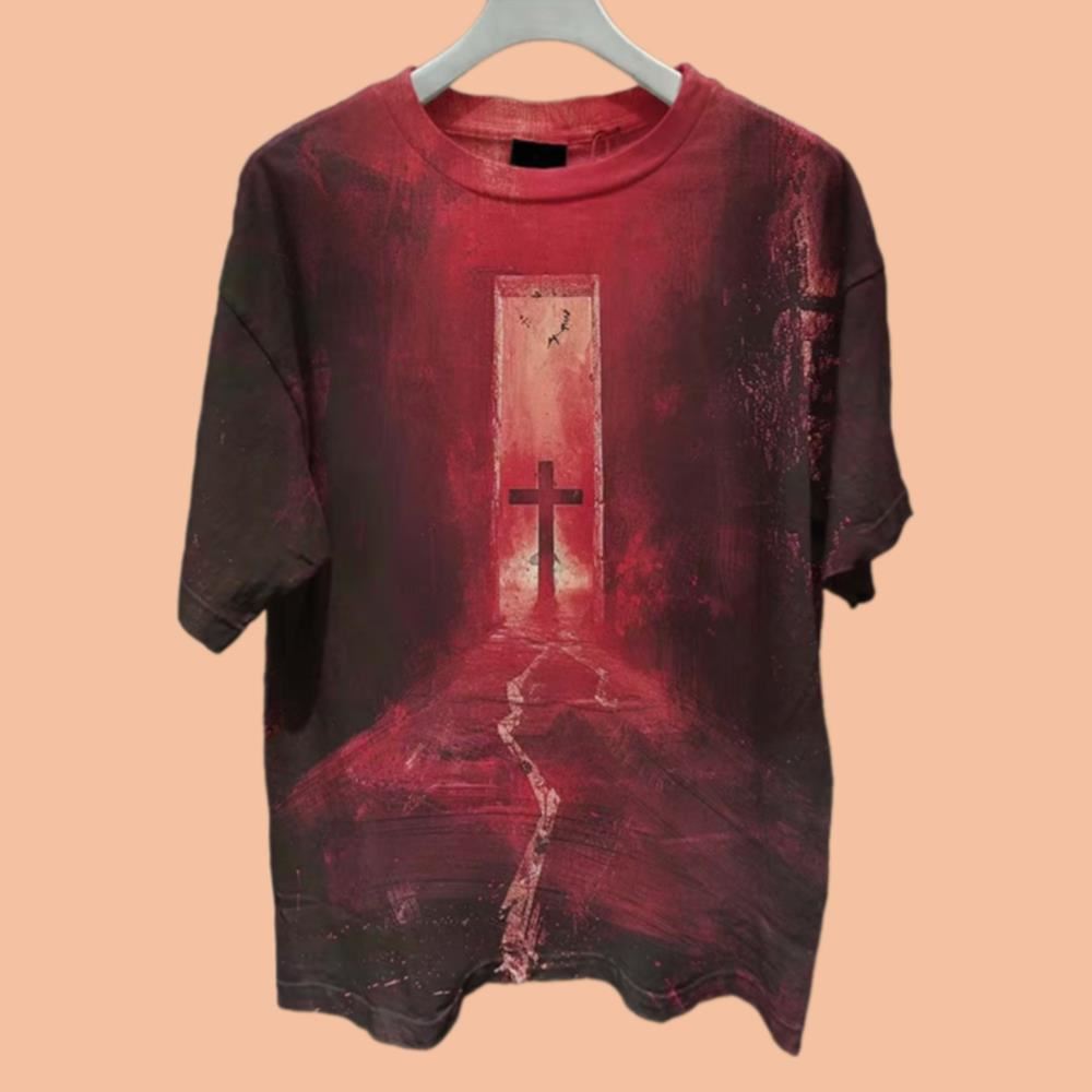 Men's Bloody Cross Dark Horror Print Shirt