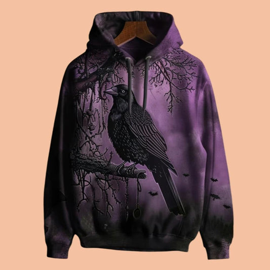 Men's Gothic Raven Art Printed Hoodie Halloween 2025