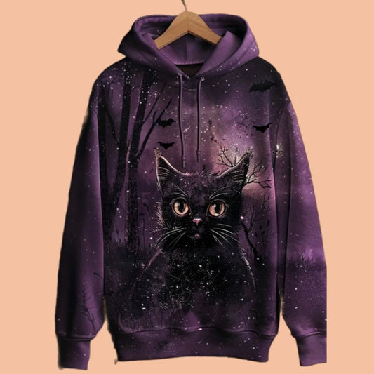 Women's Gothic Black Cat Printed Hoodie Halloween 2025