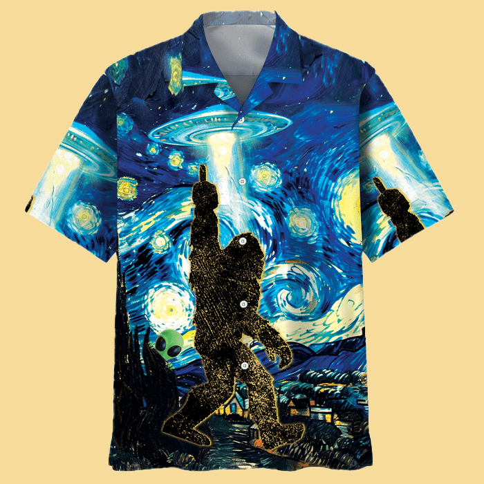 Alien Stalk Bigfoot In A Starry Night Hawaiian Shirt - Cabryon