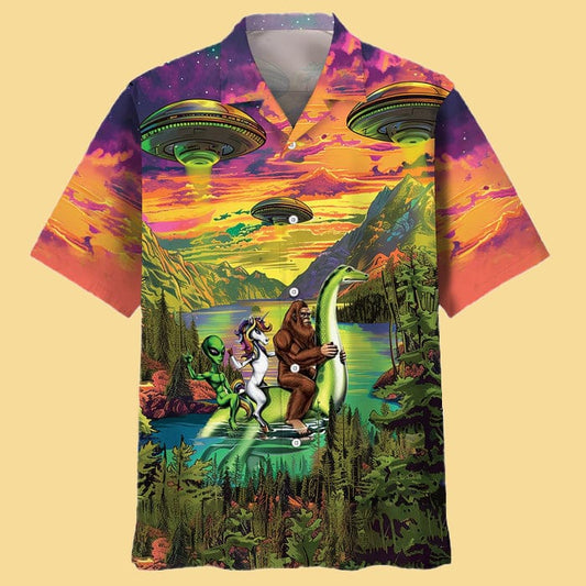 Bigfoot Alien Riding Nessie Hawaiian Shirt - Cabryon