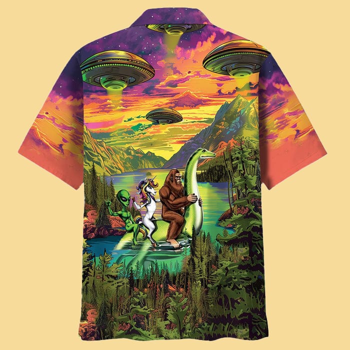 Bigfoot Alien Riding Nessie Hawaiian Shirt - Cabryon