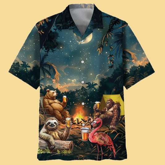 Camping Bigfoot Bear Sloth Flamingo Hawaiian Shirt - Cabryon