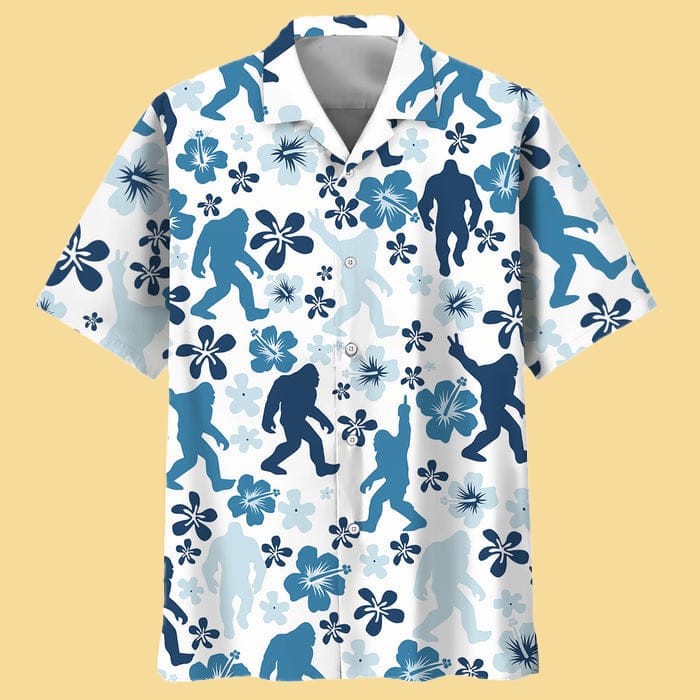 Funny Bigfoot Hibiscus Blue Hawaiian Shirt - Cabryon