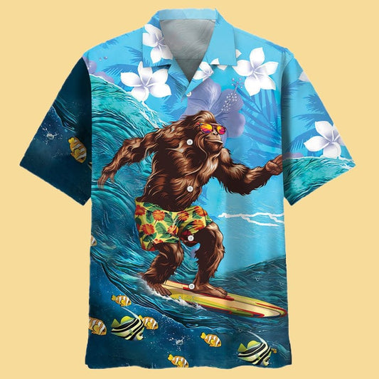 Funny Bigfoot Surfing Hibiscus Hawaiian Shirt - Cabryon