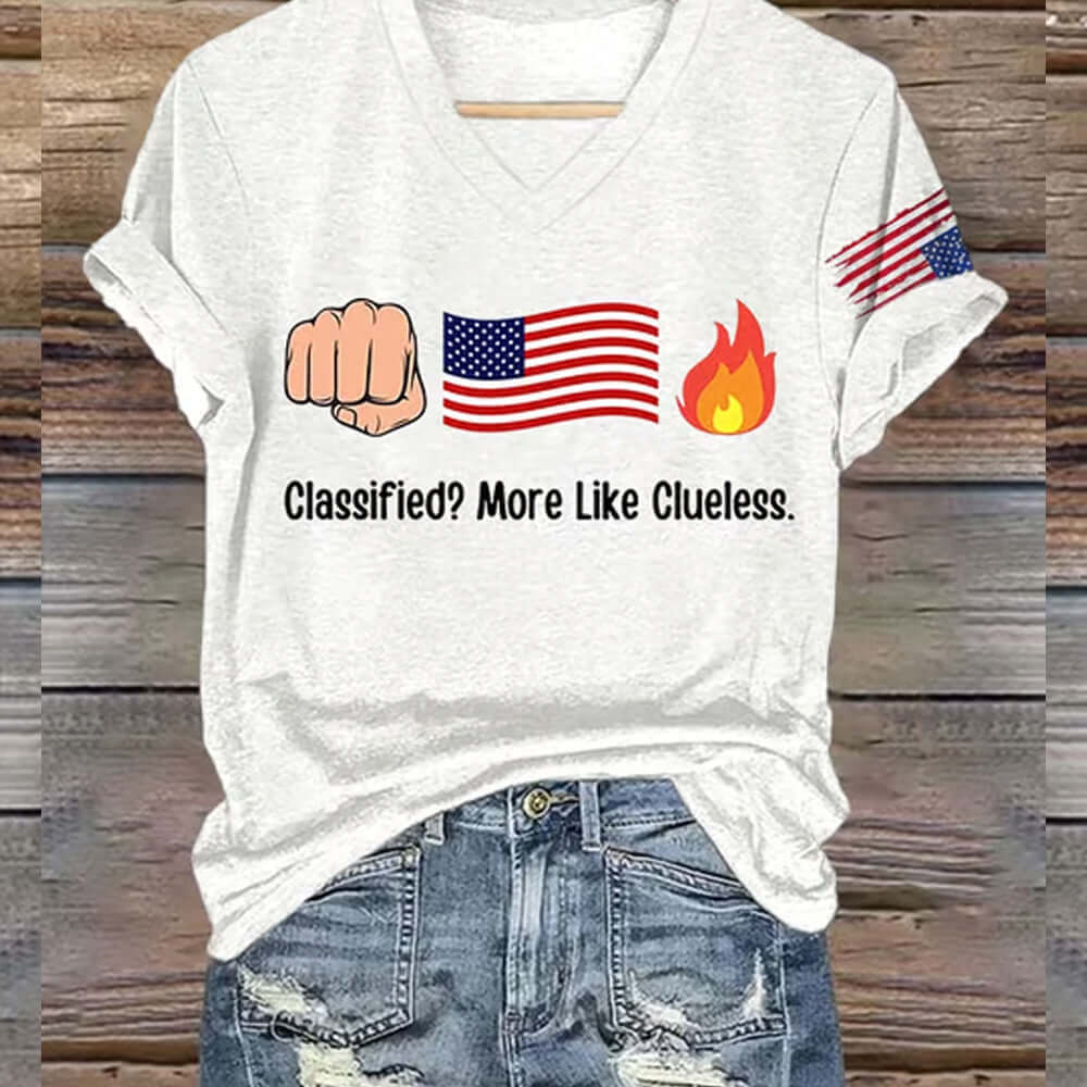 V - Neck Fist Flag Fire Classified More Like Clueless Print T-Shirt - Cabryon