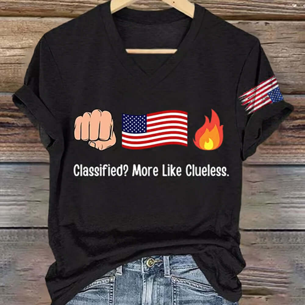 V - Neck Fist Flag Fire Classified More Like Clueless Print T-Shirt - Cabryon